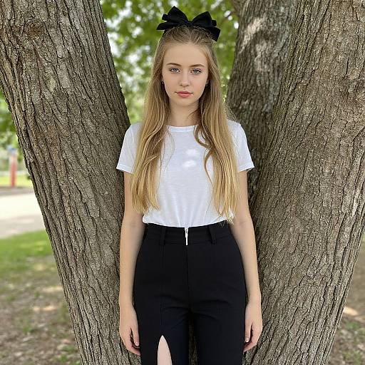 Photograph of a young blonde woman with long hair, black bow, white t-shirt, and black pants, standing against tree bark in a sunlit