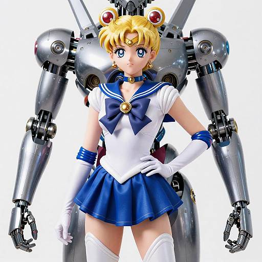 Digital anime-style illustration of Sailor Moon with blonde hair, blue skirt, white bodysuit, and mechanical robot arms behind her.
