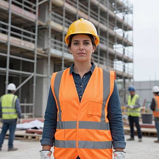 Photograph of a serious woman wearing an orange safety vest and yellow hard hat, standing in front of a construction site with scaffolding and other workers in