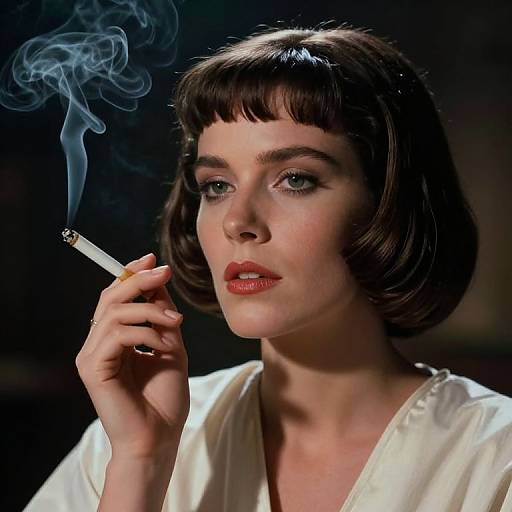 Photograph of a fair-skinned woman with short brown hair, smoking a cigarette, wearing a white blouse, with smoky blue vapor in dark background