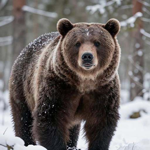 Photograph of a large, brown bear with thick fur standing in a snowy forest, facing forward with snowflakes on its back.