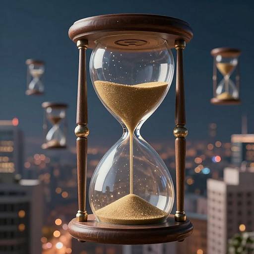 Photograph of a wooden hourglass with golden sand against a blurred city skyline at night, with additional hourglasses floating in the background.