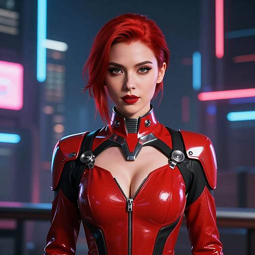 Futuristic Woman in Red Cyberpunk Suit