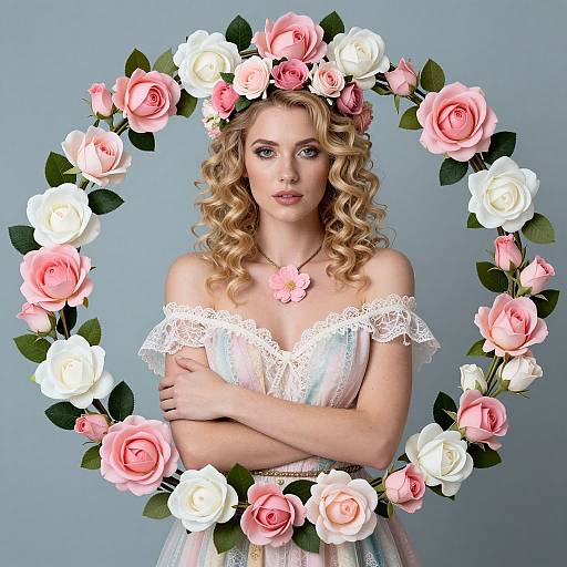 Photograph of a blonde woman with curly hair, wearing a white lace off-shoulder dress, adorned with a pink and white rose wreath,