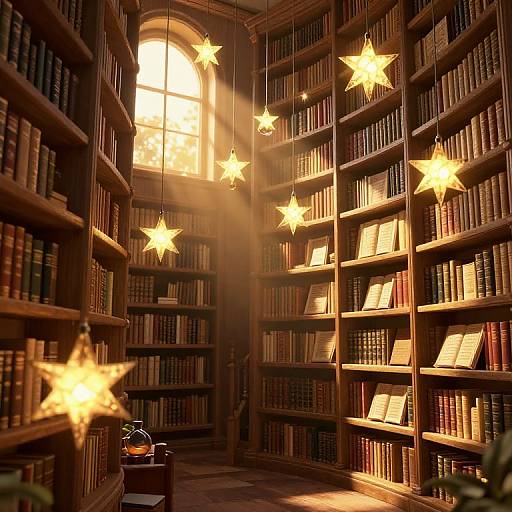 Photograph of a sunlit, wooden library with tall shelves filled with books, illuminated by glowing star-shaped pendant lights.
