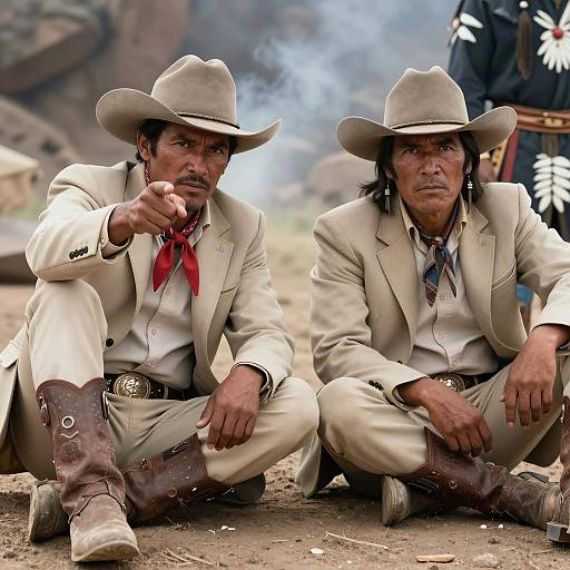 Intense Cowboy Duo in Smoky Landscape