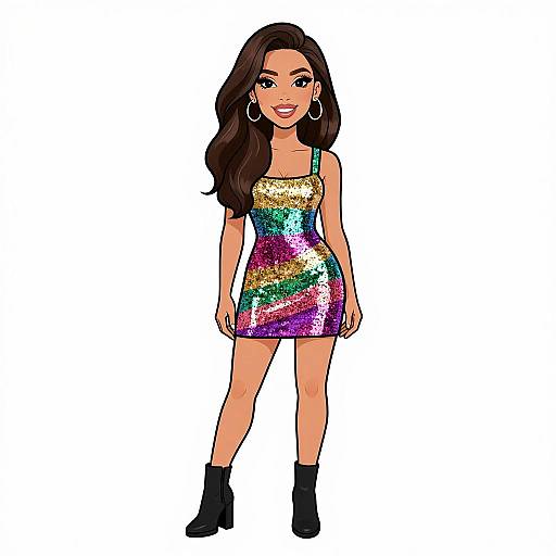 Digital illustration of a smiling young woman with long dark hair, wearing a colorful sequined mini dress, black ankle boots, and hoop earrings, standing against