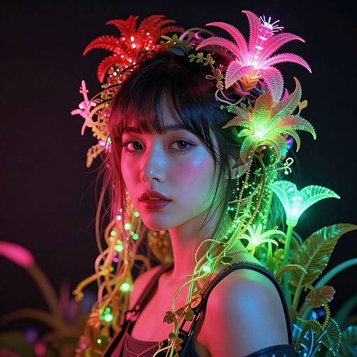 Photograph of an Asian woman with glowing, colorful floral headpiece, illuminated by neon lights, against a dark background. Vibrant, futuristic, and