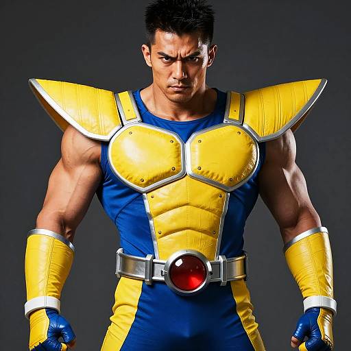 Muscular Man in Detailed Yellow and Blue Cosplay Armor