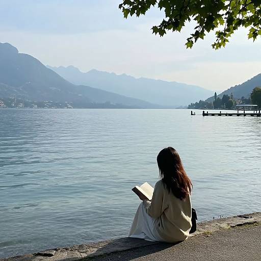 Photograph of a woman with long brown hair in a beige dress, sitting on a lakeside bench, reading a book, with mountains and a calm