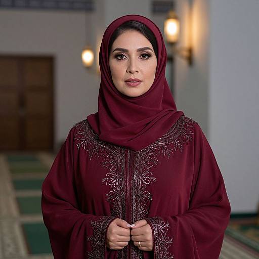 Photograph of a Middle Eastern woman with fair skin, dark eyes, and black hair, wearing a burgundy hijab and embroidered abaya, standing