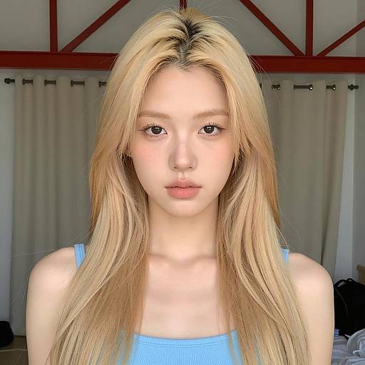 Young Woman with Blonde Hair in Blue Top