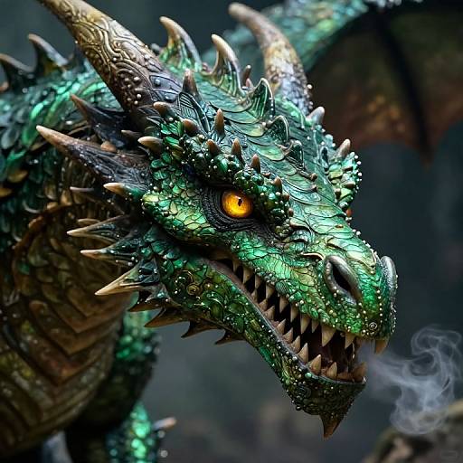 Close-up digital artwork of a fierce, green-scaled dragon with glowing orange eyes, sharp spikes, and open mouth showing sharp teeth, exhaling smoke