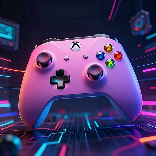 Photorealistic CGI of a white Xbox controller with colorful face buttons (red, green, yellow, blue) and black cross button, glowing in a