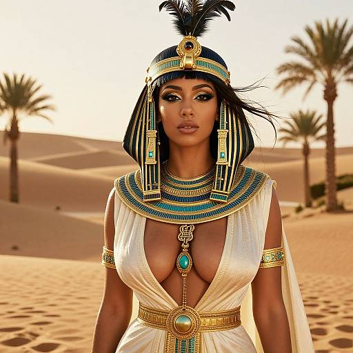 Photorealistic digital artwork of a dark-skinned woman with large breasts, wearing an ancient Egyptian headdress, necklace, and white dress in a desert