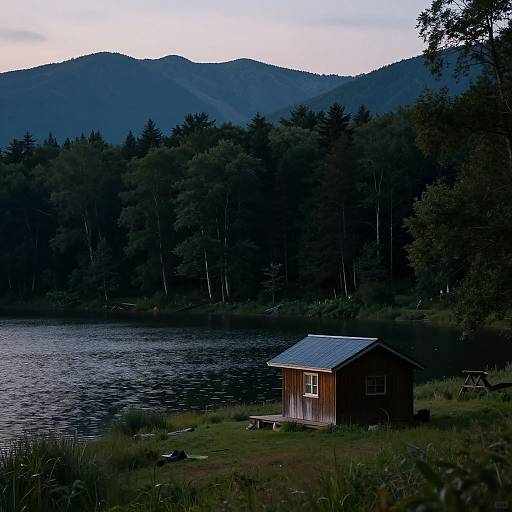 Photograph of a small, wooden cabin with a gray roof by a dark, calm lake, surrounded by dense, shadowy forest and mountains under a