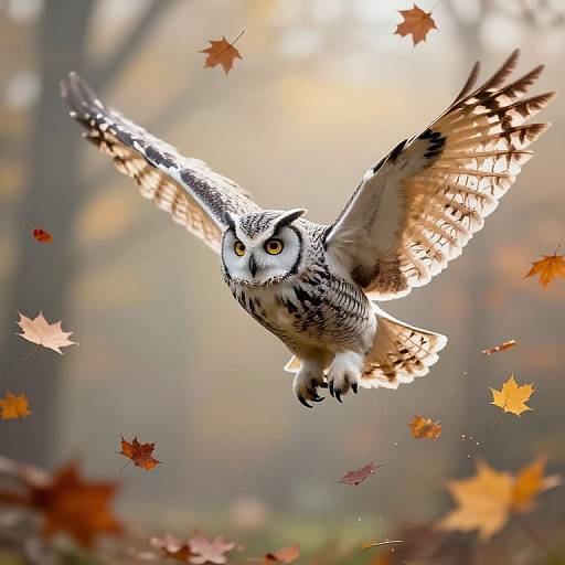 Wise Owl Soars Through Autumn Leaves