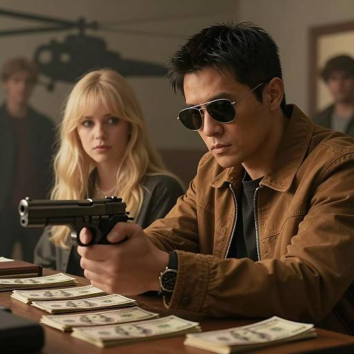 Man Pointing Gun at Money with Blonde Woman Looking On