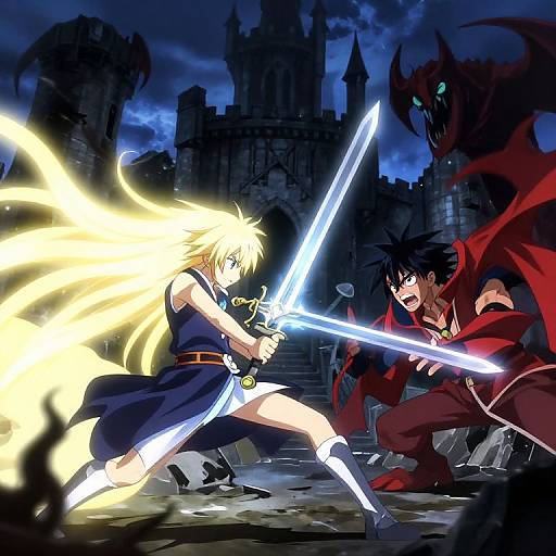 Digital anime artwork: Blonde girl with glowing sword confronts black-haired boy with red cloak and sword, dark castle and shadowy figure in background. Dynamic