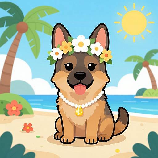 Cute cartoon German Shepherd wearing a flower crown and necklace, sitting on a sunny beach with palm trees and ocean in background.