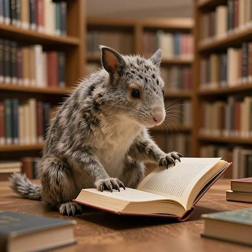 Photorealistic image of a spotted, small mammal with large ears and pink nose, reading an open book in a wooden library with shelves filled with