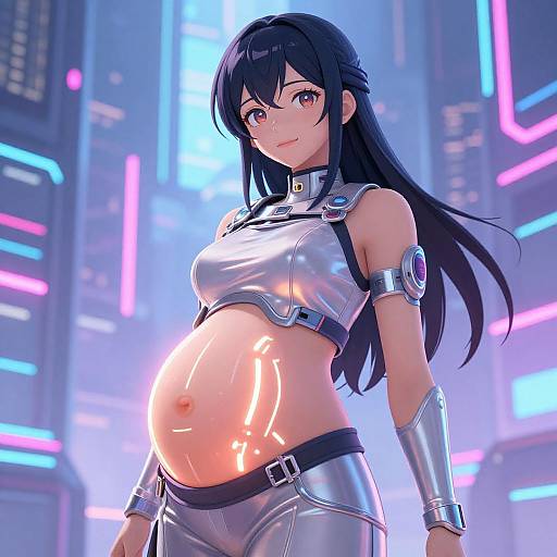 Digital anime-style image of a pregnant woman with long black hair, silver armor top and pants, glowing neon city background.