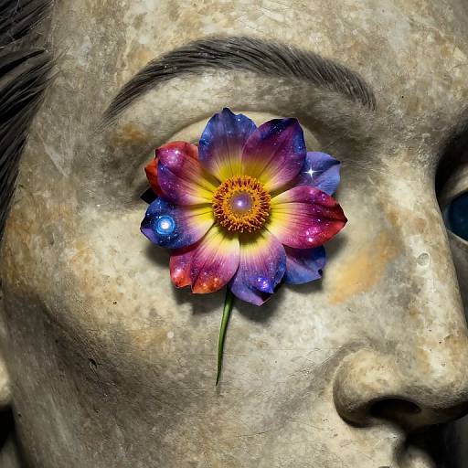 Photograph of a weathered stone Buddha face with a vibrant, starry, multicolored flower over its eye, blending realism and surrealism.