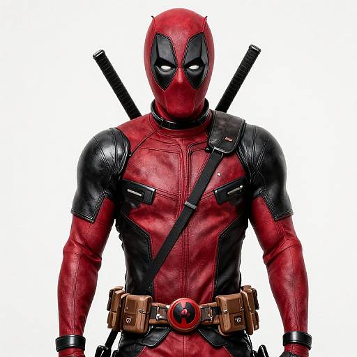 Photograph of Deadpool in his iconic red and black suit, with black mask, white eyes, swords on back, and brown belt.
