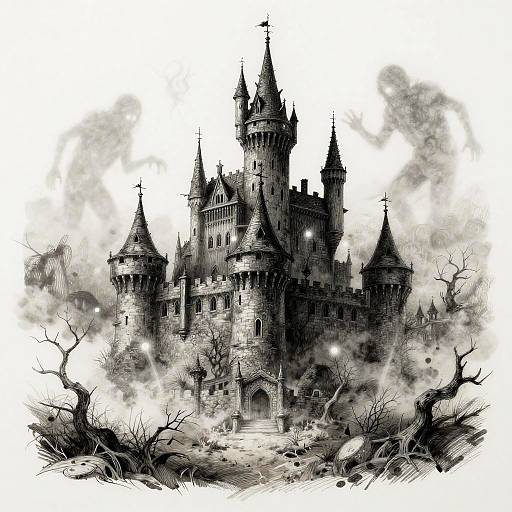 Monochrome Spooky Castle Illustration