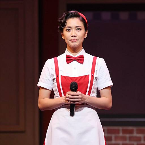 Photograph of an Asian woman with short black hair, wearing a white dress with red bow and suspenders, holding a black microphone, standing on stage