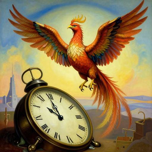 Digital artwork of a vibrant, fiery phoenix with outstretched wings perched on an antique alarm clock against a sunset sky with a cityscape. Clock