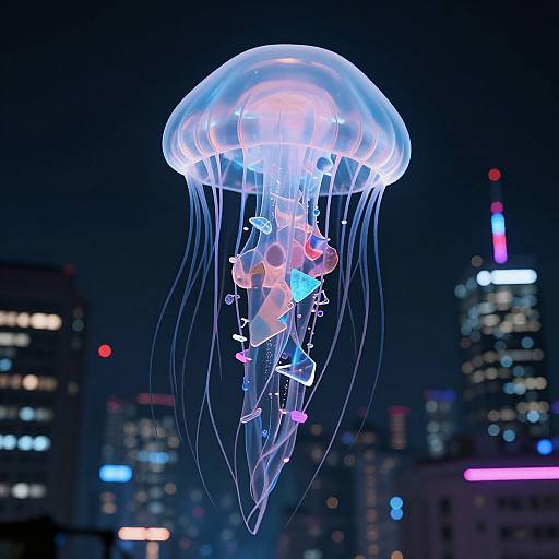Glowing jellyfish with translucent tentacles and bioluminescent accents floats against a dark city skyline with colorful, illuminated buildings. Photorealistic