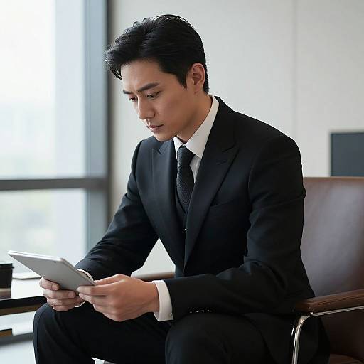 Photograph of a serious, young Asian man in a black suit and tie, focusing intently on a tablet, sitting in a modern office with large