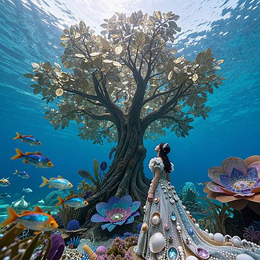 Underwater photograph of a mermaid in a glittering, seashell-adorned dress, gazing up at a giant, sunlit tree