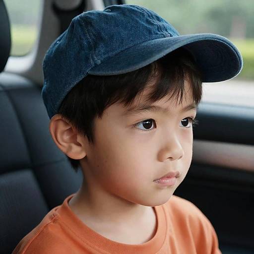 Young Boy in Denim Cap and Orange Shirt