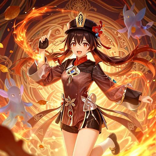 Anime-style digital artwork of a fiery-eyed, black-haired girl in a black hat and outfit, surrounded by flames and blue creatures.