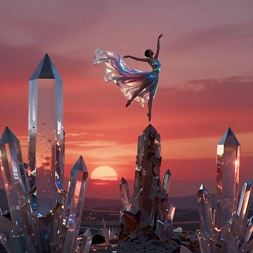 Digital artwork of a dancing woman in a flowing blue dress, silhouetted against a vibrant sunset, surrounded by glowing, crystalline structures.