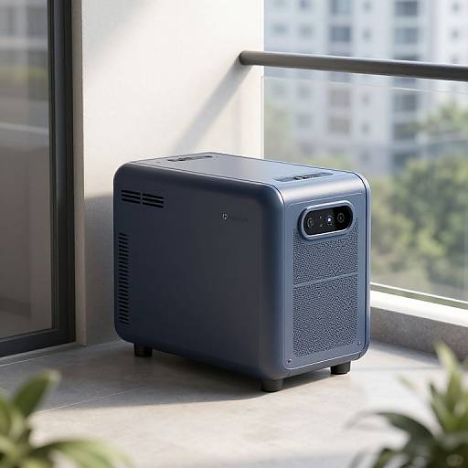 Photograph of a blue, rectangular, modern speaker with textured front grill and two circular ports, placed on a sunlit windowsill, with blurred city