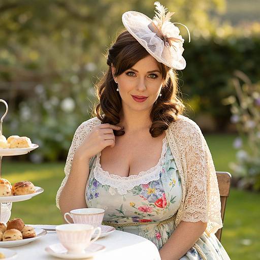 Photograph of a fair-skinned woman with dark brown hair, wearing a floral dress, lace shawl, and white fascinator, seated at a
