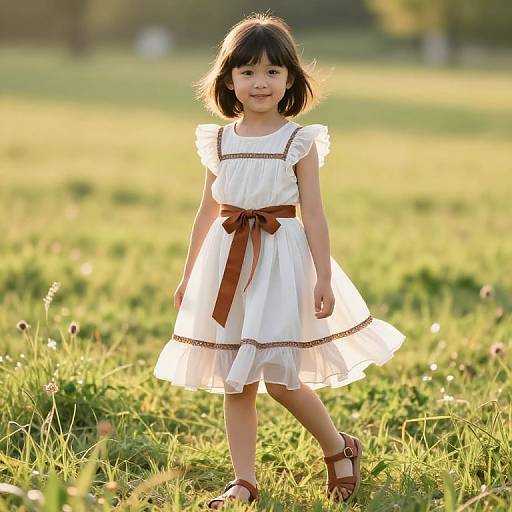 Photograph of a young Asian girl with shoulder-length black hair, wearing a white dress with brown ribbon, standing in a sunlit grassy field.