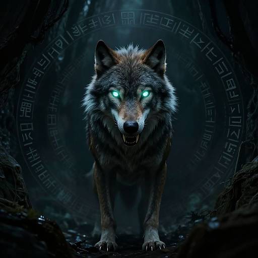 Digital artwork of a glowing, fierce wolf with intense blue eyes, standing in a dark, mystical forest with ancient runes in the background.