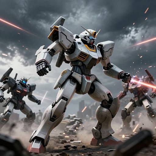 Dynamic CGI image of a white, yellow-accented robotic mecha warrior in a battlefield, firing laser beams, surrounded by smoke and debris. Other