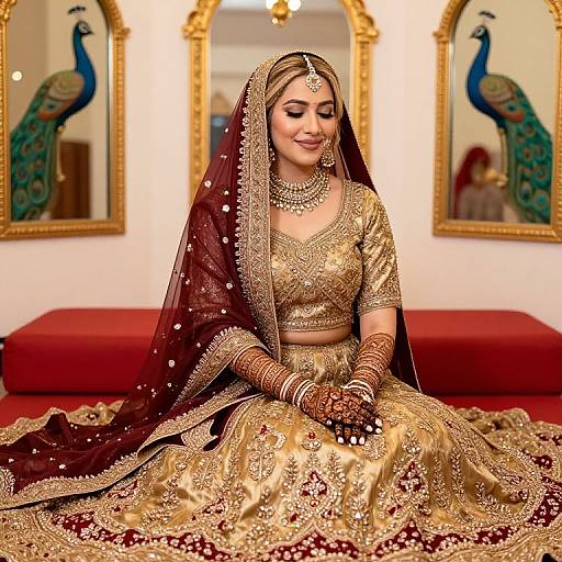 Photograph of a smiling South Asian bride in a gold and maroon embroidered lehenga, seated on a red carpet, with peacock wall mirrors in