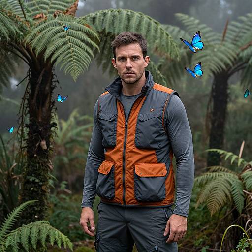 Photograph of a muscular, serious-looking man in an orange and gray vest, standing in a misty, fern-filled forest with bright blue butterflies.