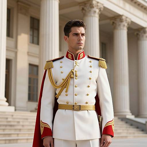 Photograph of a handsome young man with dark hair, wearing a white military uniform with red and gold accents, standing in front of a grand, column