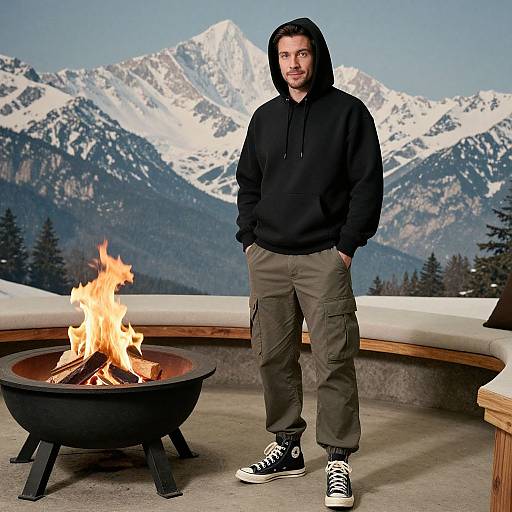 Photograph of a man in a black hoodie, olive cargo pants, and black Converse, standing by a fire pit with snow-capped mountains in