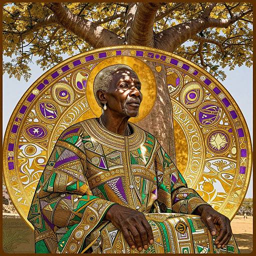 Photograph of a dignified African man with dark skin, wearing intricate, colorful geometric-patterned traditional robe, and golden halo, seated under a large