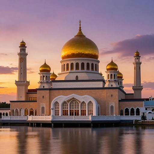 Photograph of a golden-domed mosque at sunset, reflected in calm water, with pink and orange sky, and white arched windows.