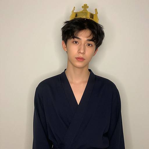 Photograph of an Asian young man with fair skin, short black hair, wearing a black V-neck shirt and a gold crown, standing against a plain