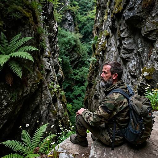 Photograph of a bearded man with dark hair, in camouflage jacket and backpack, sitting on a rock between lush, moss-covered cliffs with ferns